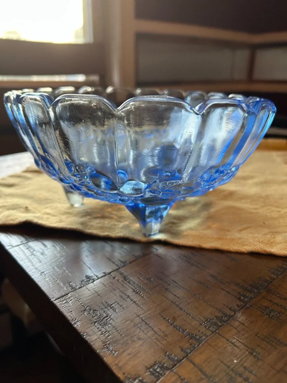 Vintage Indiana Glass  fruit   bowl   is a footed  oval  centerpiece  with a  sc
